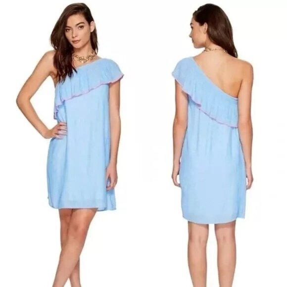 Lilly Pulitzer Women's Large One-Shoulder Ruffle Seersucker Mini Dress Blue - Picture 1 of 12
